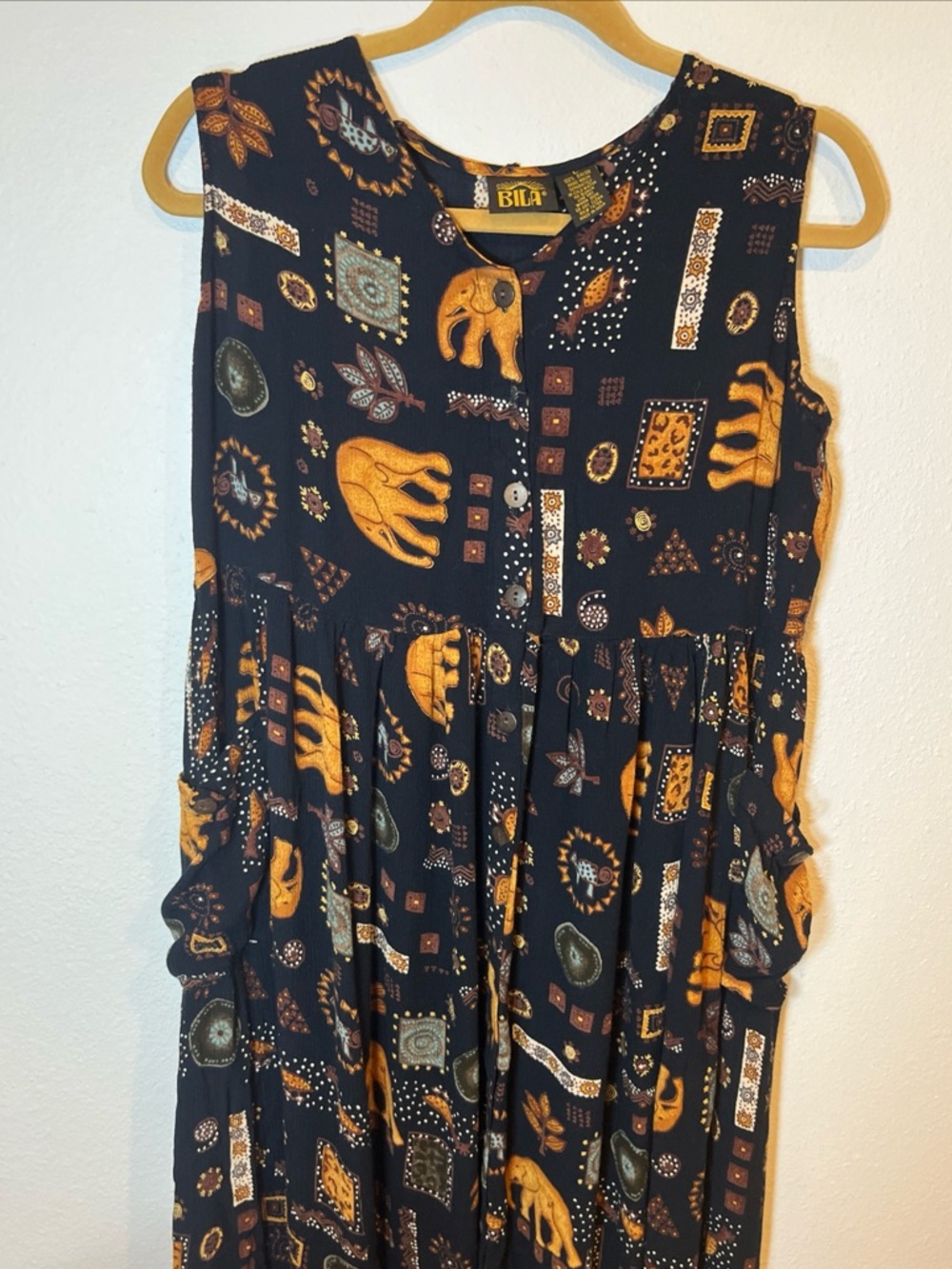 Btg Bila Midi Dress Womens L Boho Hippie Elephants Button Front Sleeveless Baggy - Picture 9 of 12